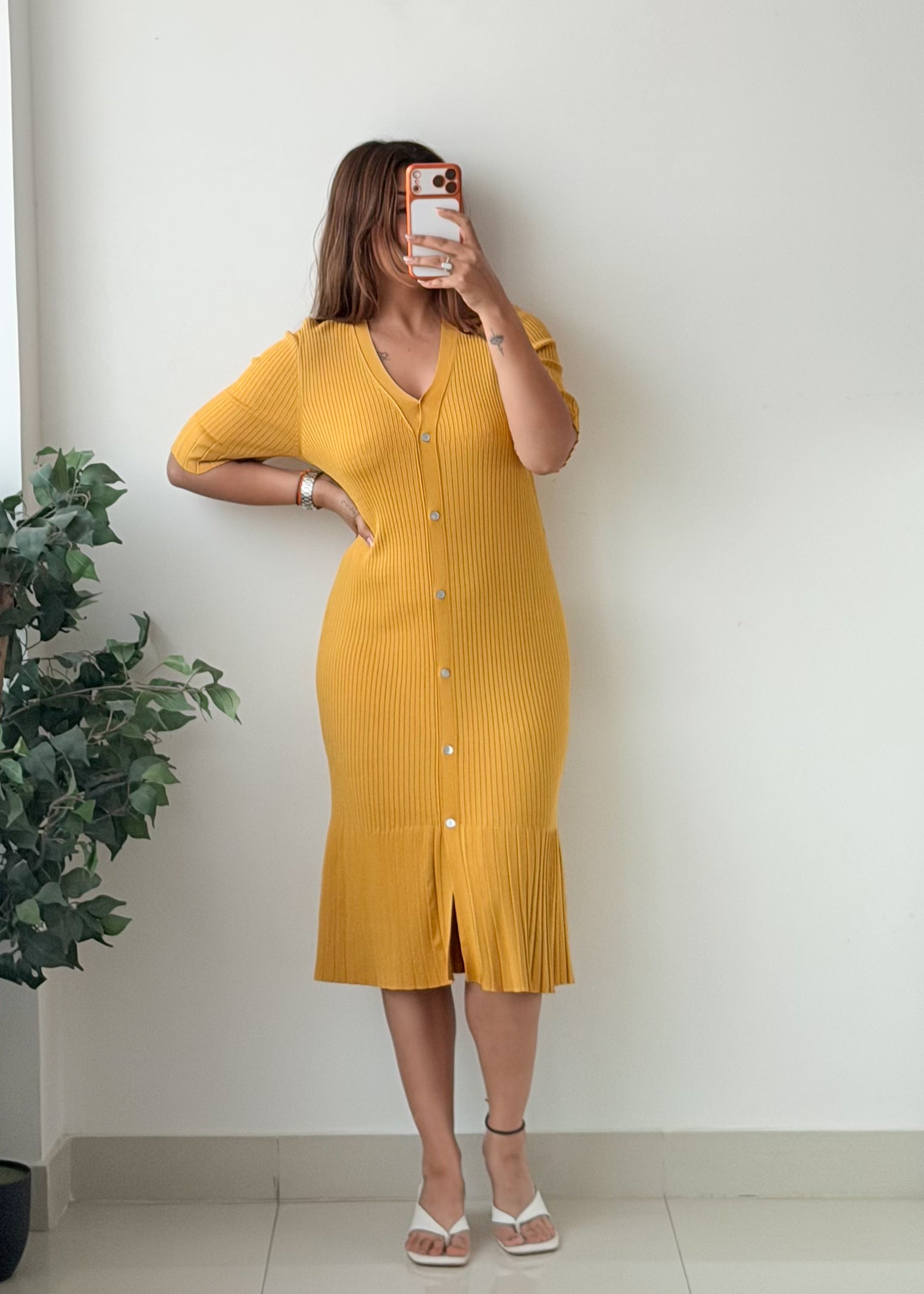 Size M-L Mustard Yellow Button Front Ribbed Midi Dress