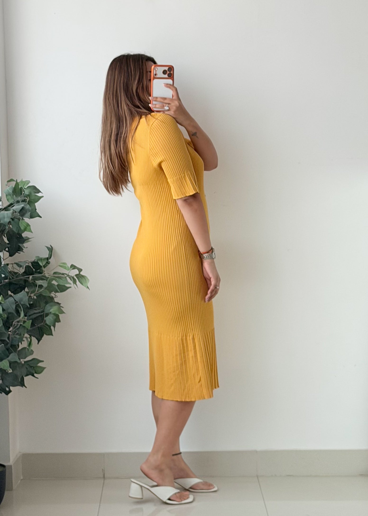 Size M-L Mustard Yellow Button Front Ribbed Midi Dress