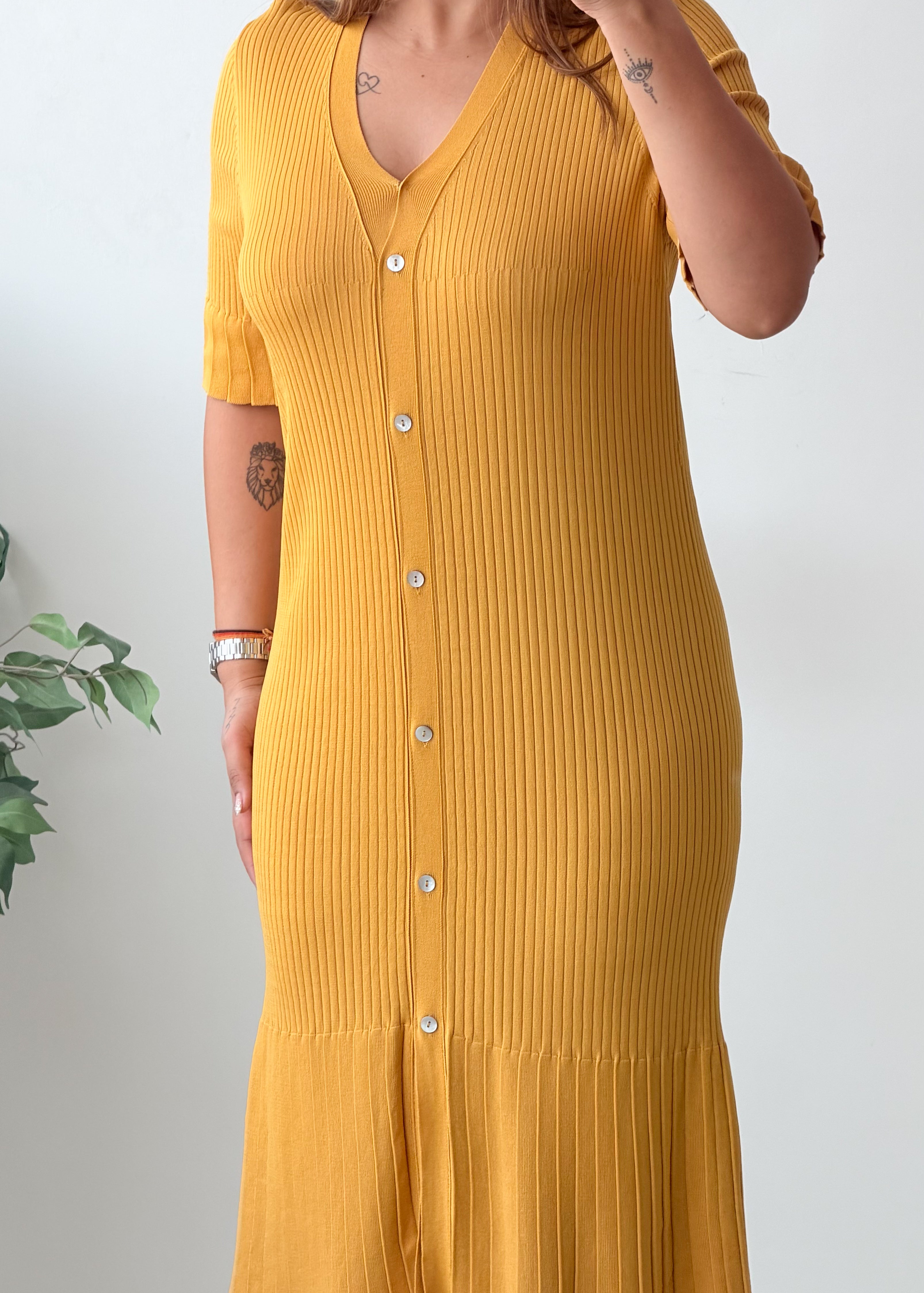 Size M-L Mustard Yellow Button Front Ribbed Midi Dress