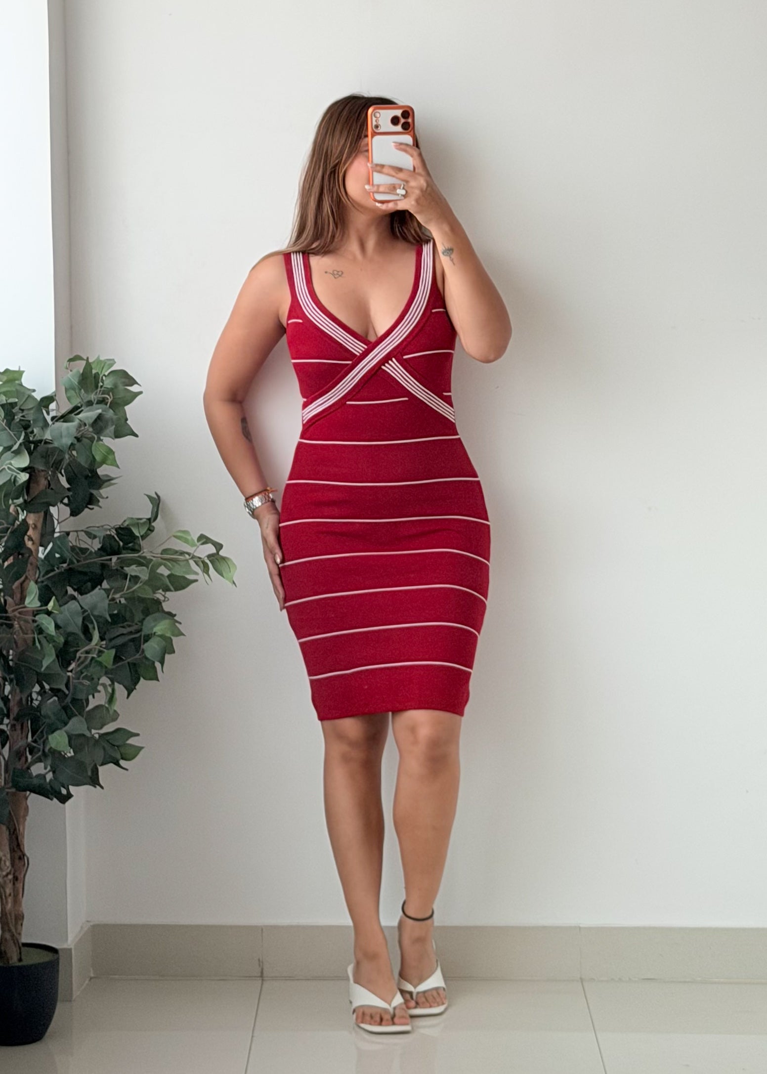 Size S-M Red White Striped Wrap Front Bodycon Midi Dress