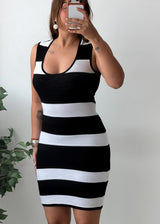 Size S-M Black White Striped Sleeveless Bodycon Mini Dress