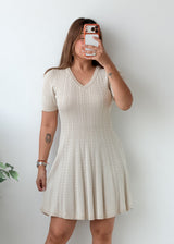 Size S-M Cream Cable Knit V-Neck Fit And Flare Mini Dress