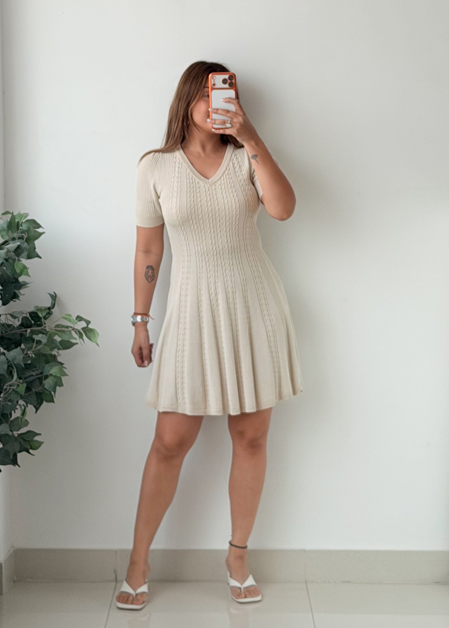 Size S-M Cream Cable Knit V-Neck Fit And Flare Mini Dress