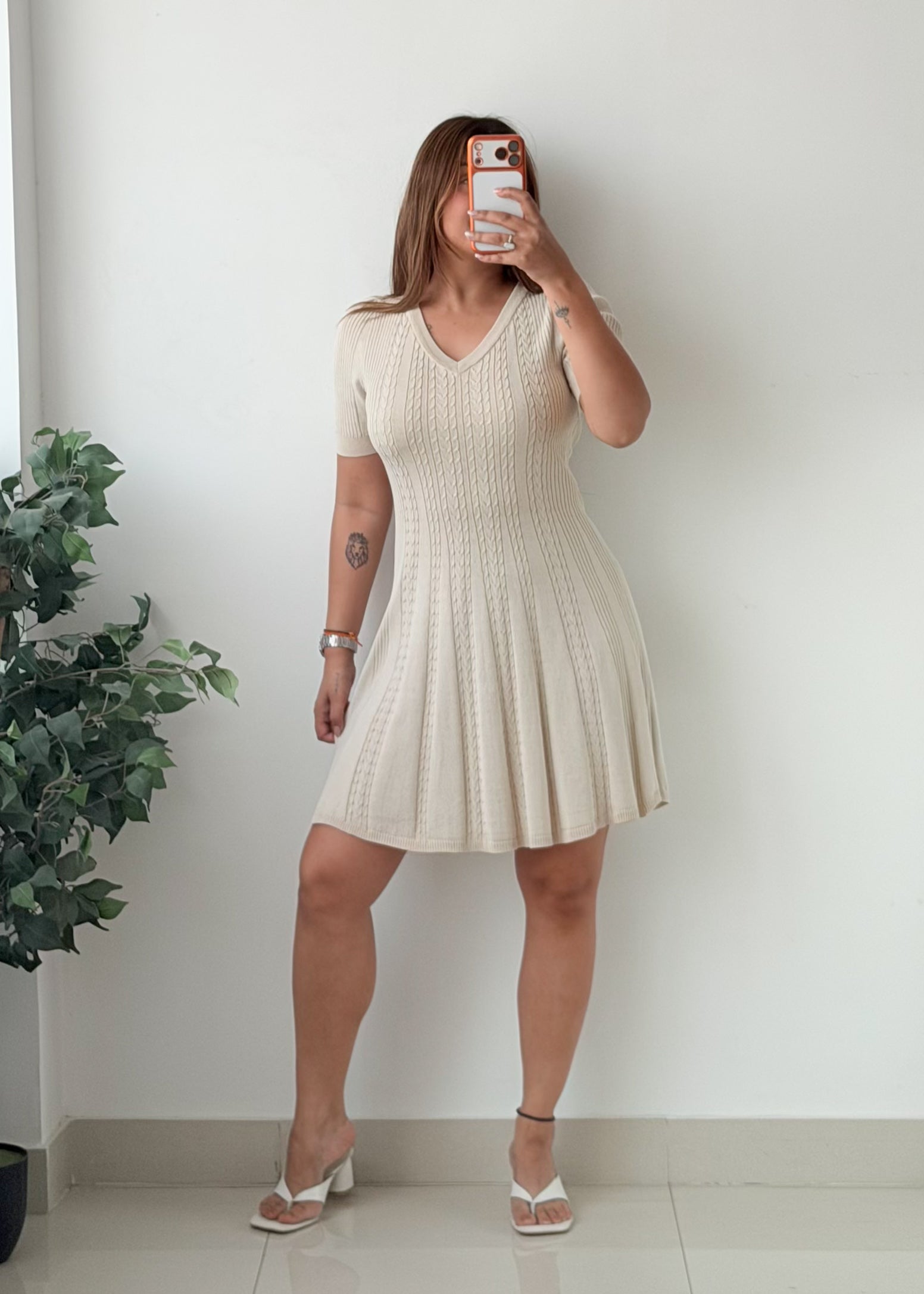 Size S-M Cream Cable Knit V-Neck Fit And Flare Mini Dress