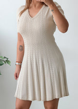 Size S-M Cream Cable Knit V-Neck Fit And Flare Mini Dress