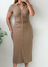 Size S-M Taupe Ruched Button Front Midi Dress