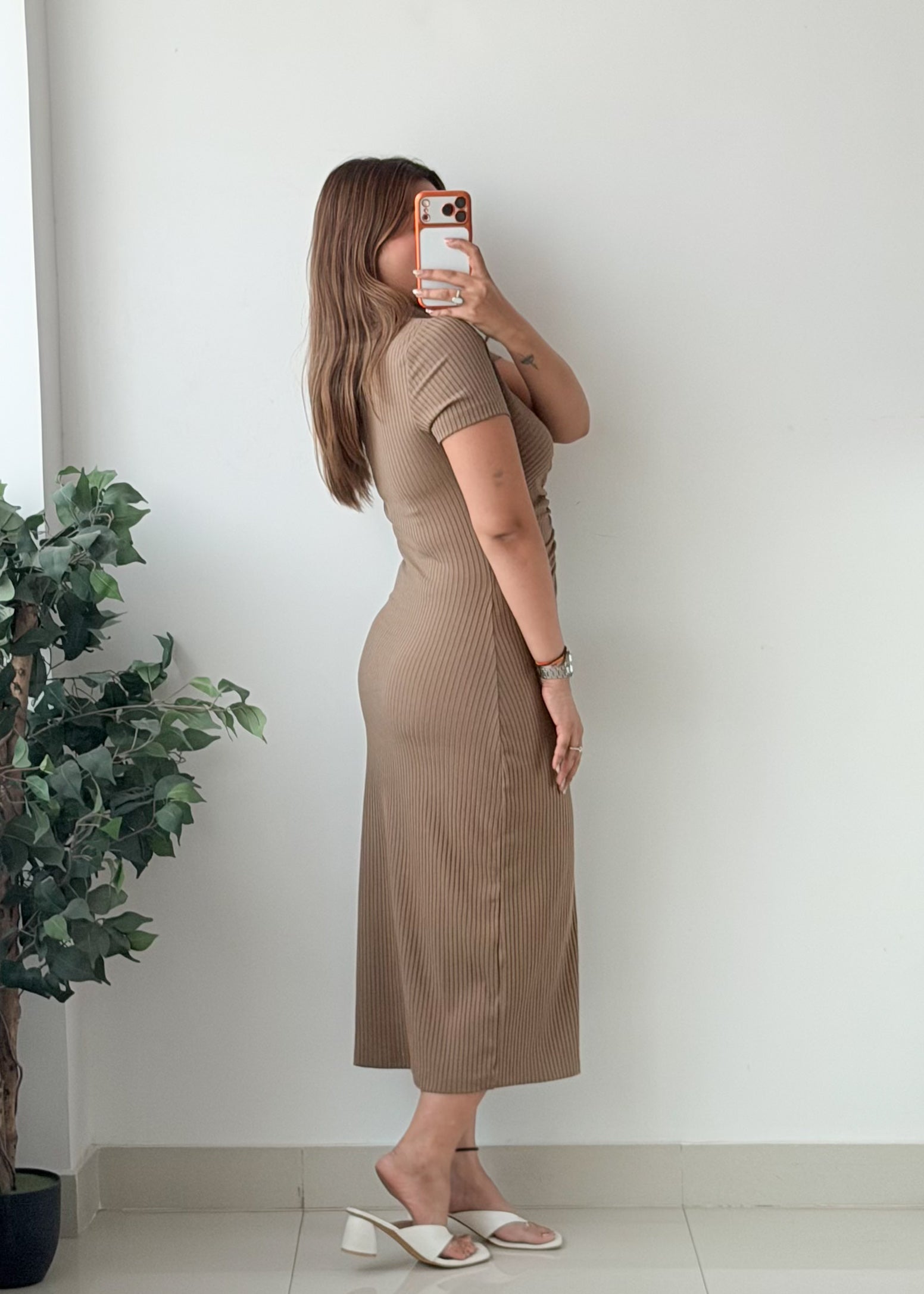 Size S-M Taupe Ruched Button Front Midi Dress