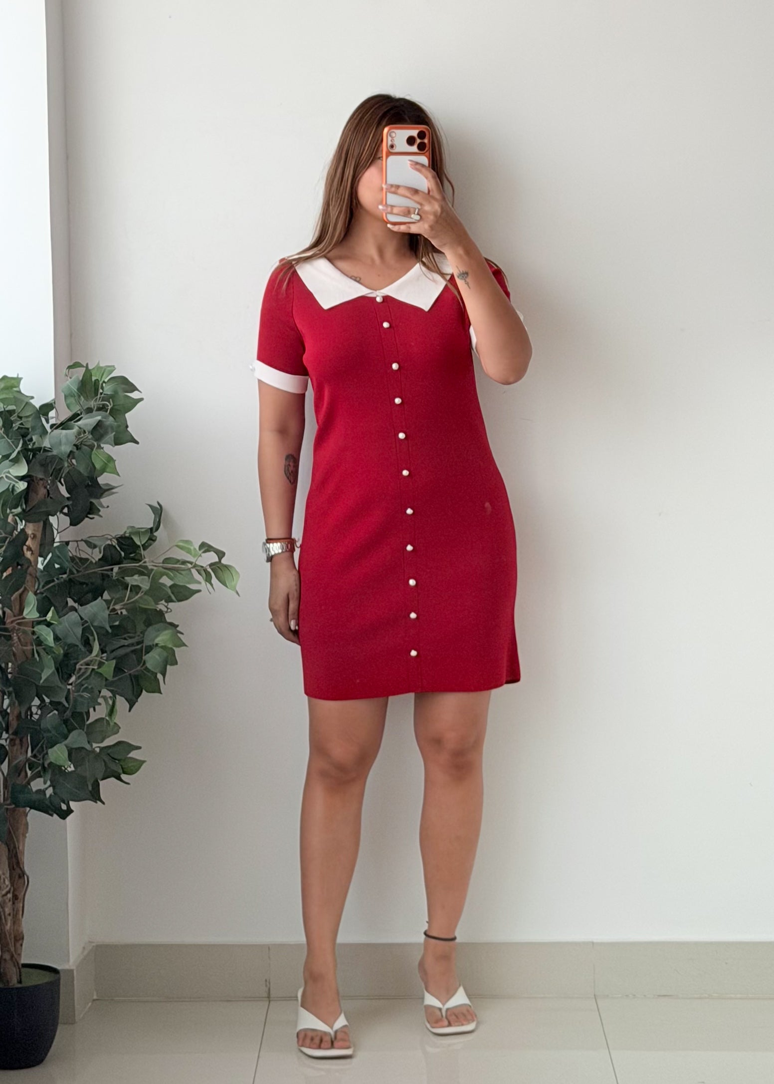 Size M-L Red White Collar Button Front Mini Dress
