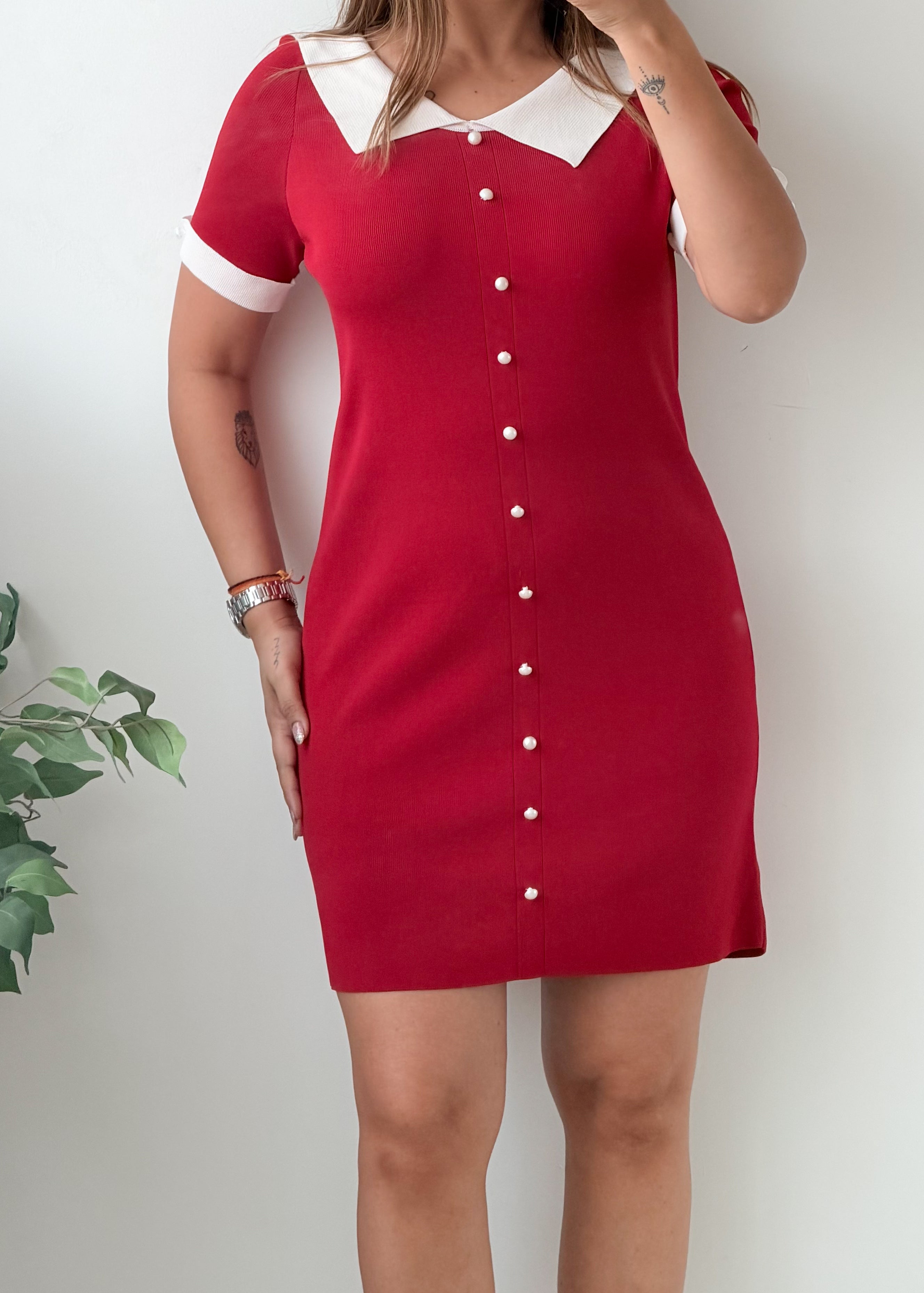 Size M-L Red White Collar Button Front Mini Dress