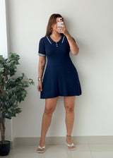 Size L-XL Navy Blue Striped Collar Fit And Flare Mini Dress