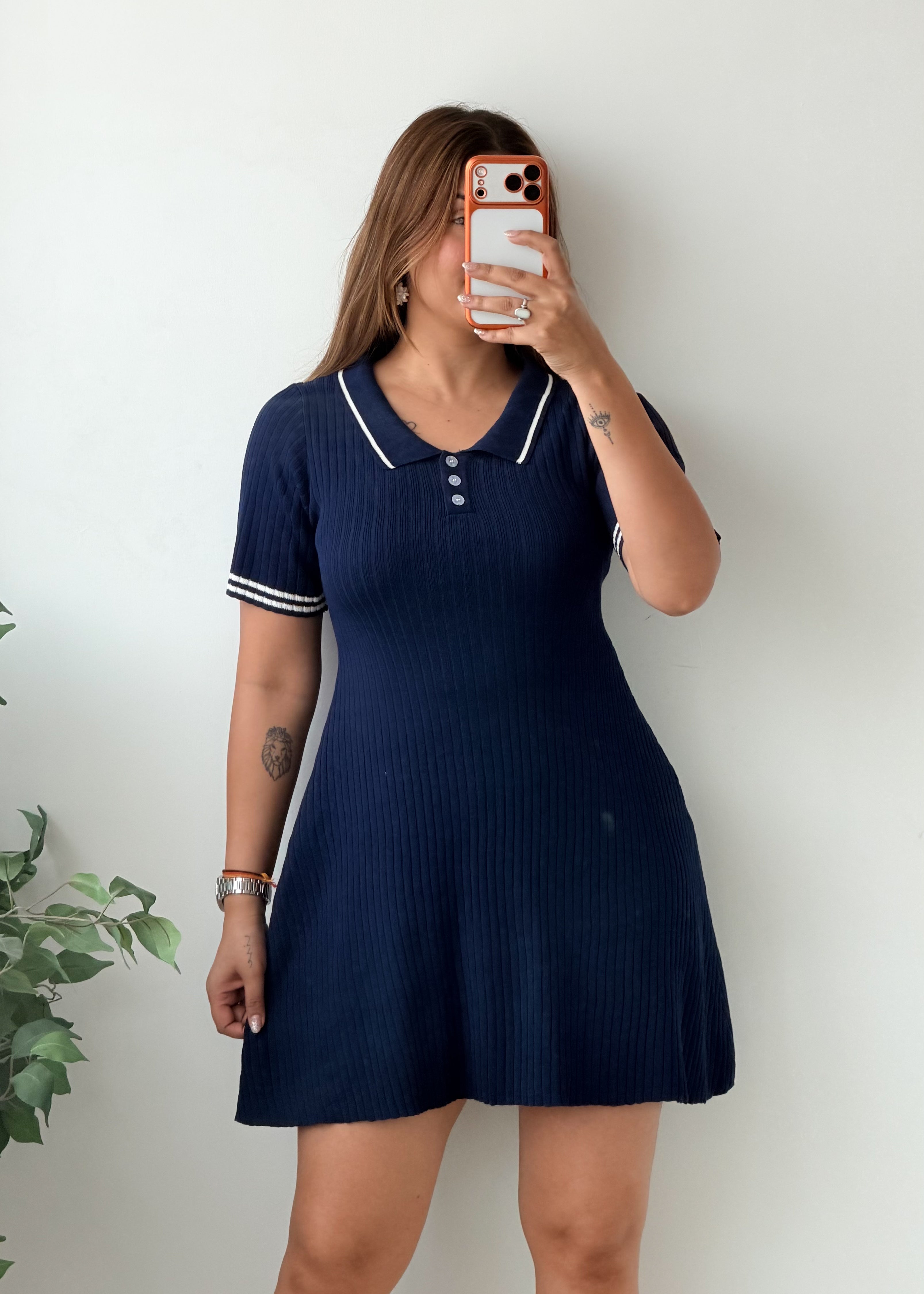Size L-XL Navy Blue Striped Collar Fit And Flare Mini Dress
