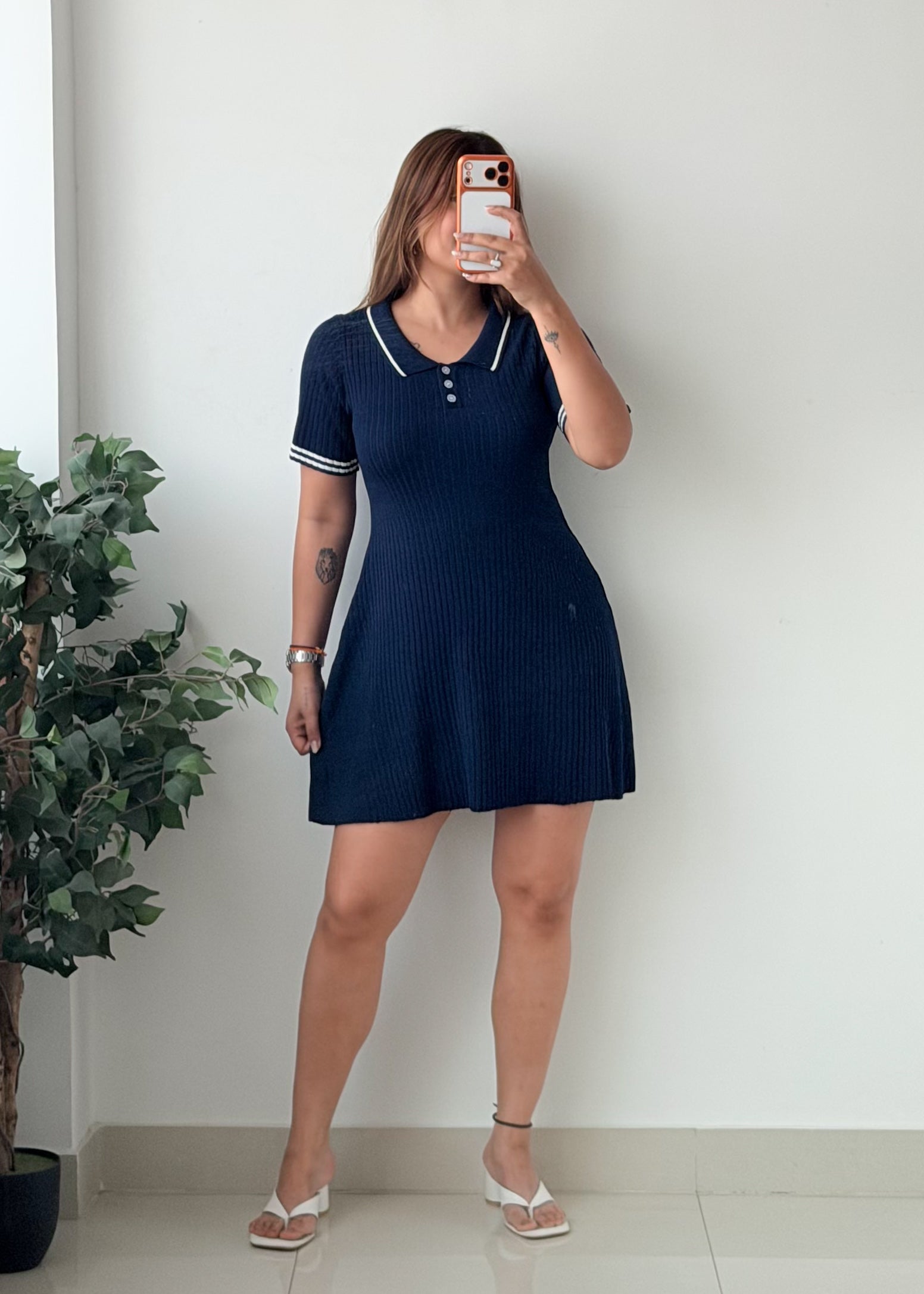 Size L-XL Navy Blue Striped Collar Fit And Flare Mini Dress