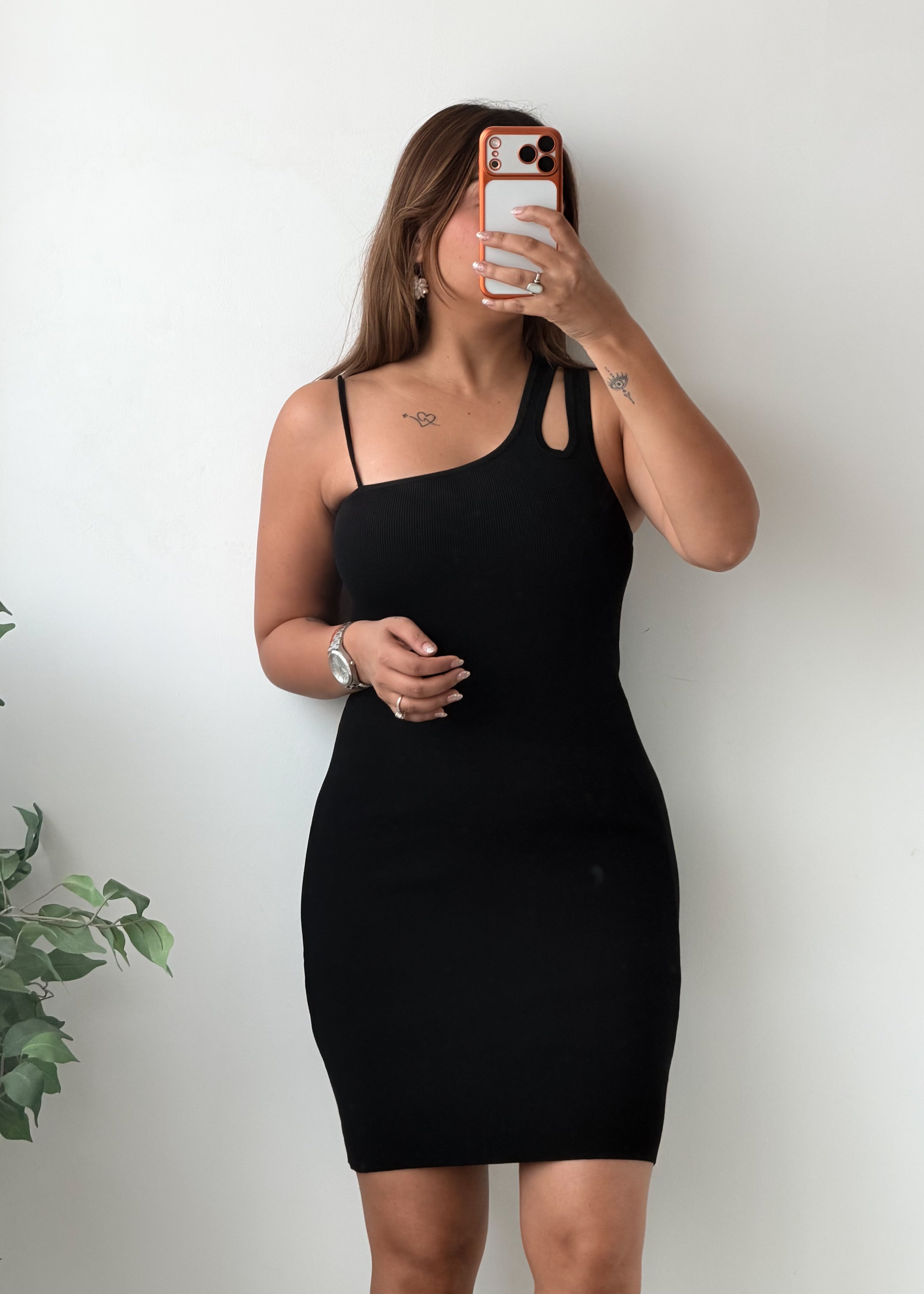 Size XS-S Black Asymmetric Strap Bodycon Mini Dress