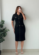 Size M-L Black Contrast Stitch Button Front Midi Dress