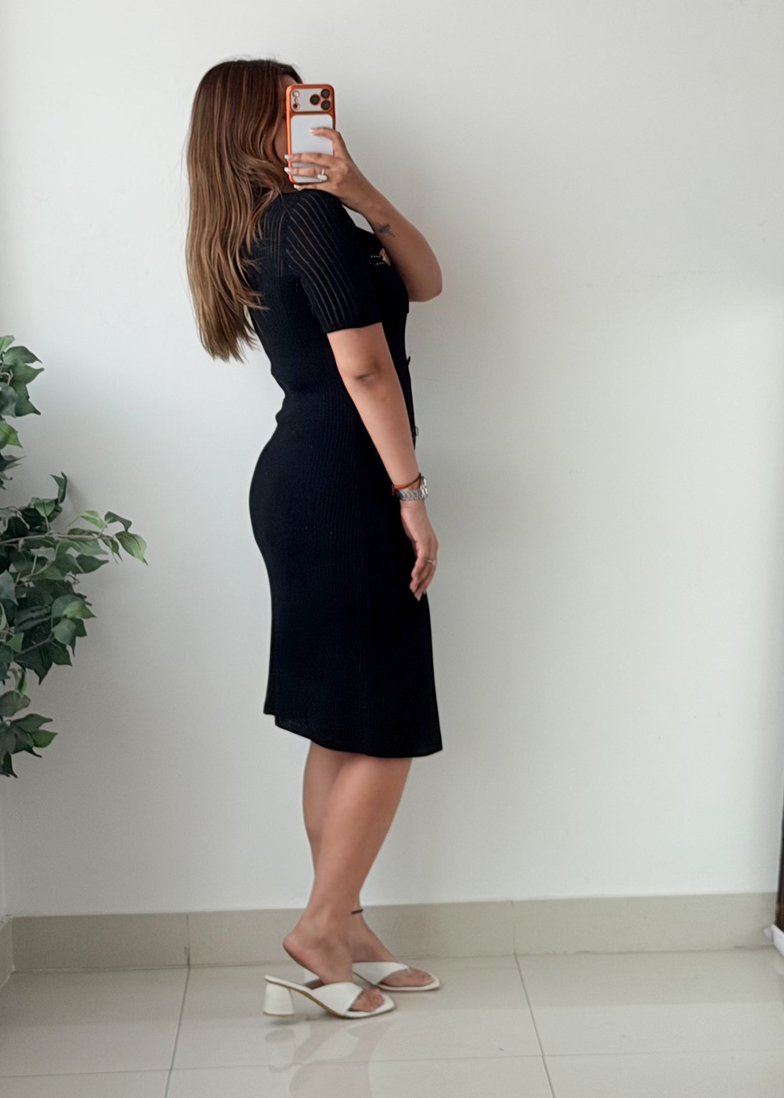 Size M-L Black Contrast Stitch Button Front Midi Dress