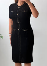 Size M-L Black Contrast Stitch Button Front Midi Dress