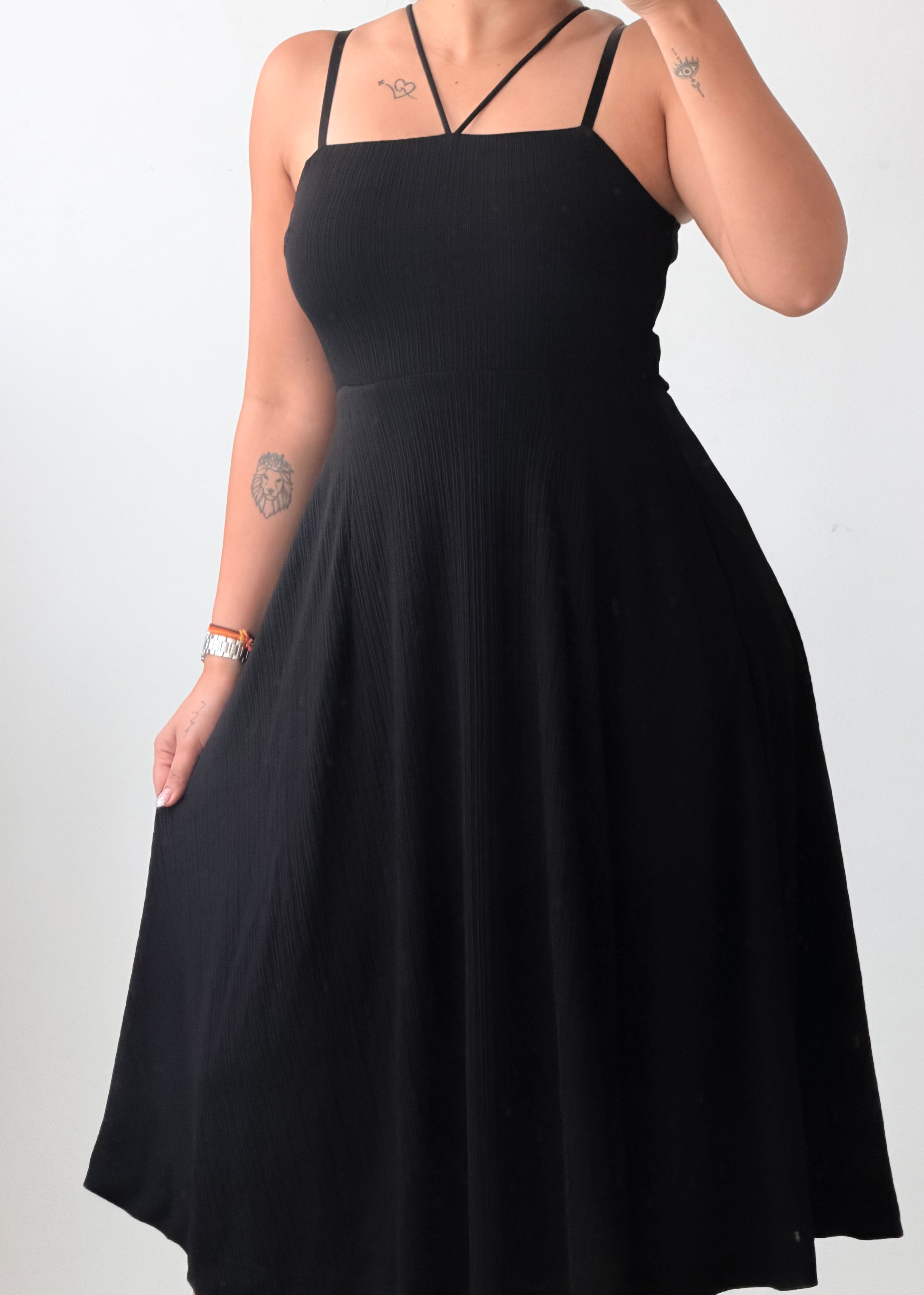 Size M-L Black Strappy Fit And Flare Midi Dress