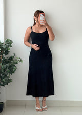 Size S-M Black Ribbed Spaghetti Strap Midi Dress