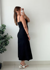 Size S-M Black Ribbed Spaghetti Strap Midi Dress