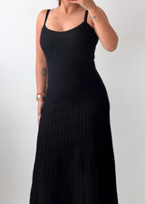 Size S-M Black Ribbed Spaghetti Strap Midi Dress