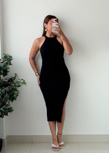 Size XS-S Black Halter Neck Ribbed Bodycon Midi Dress
