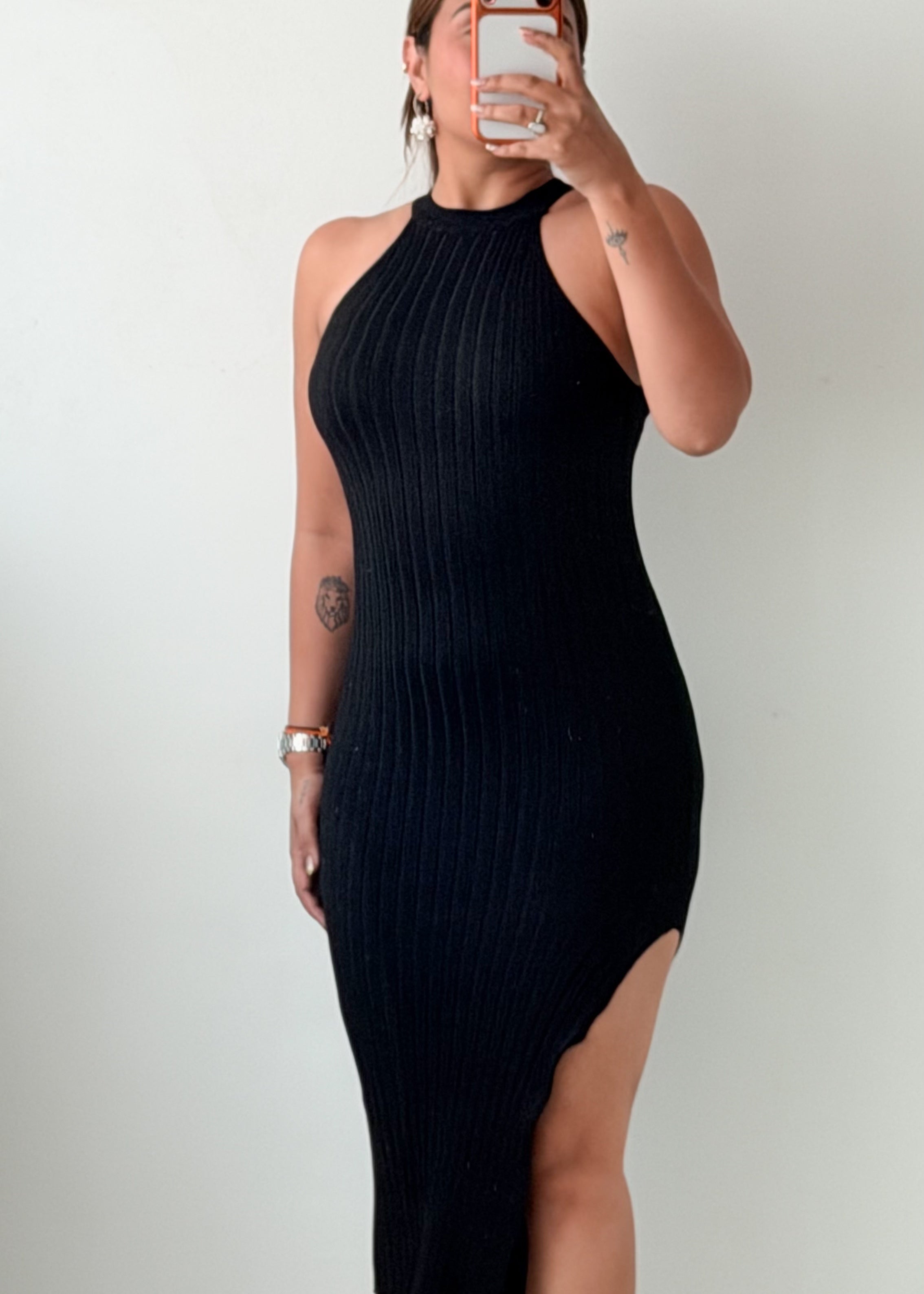 Size XS-S Black Halter Neck Ribbed Bodycon Midi Dress