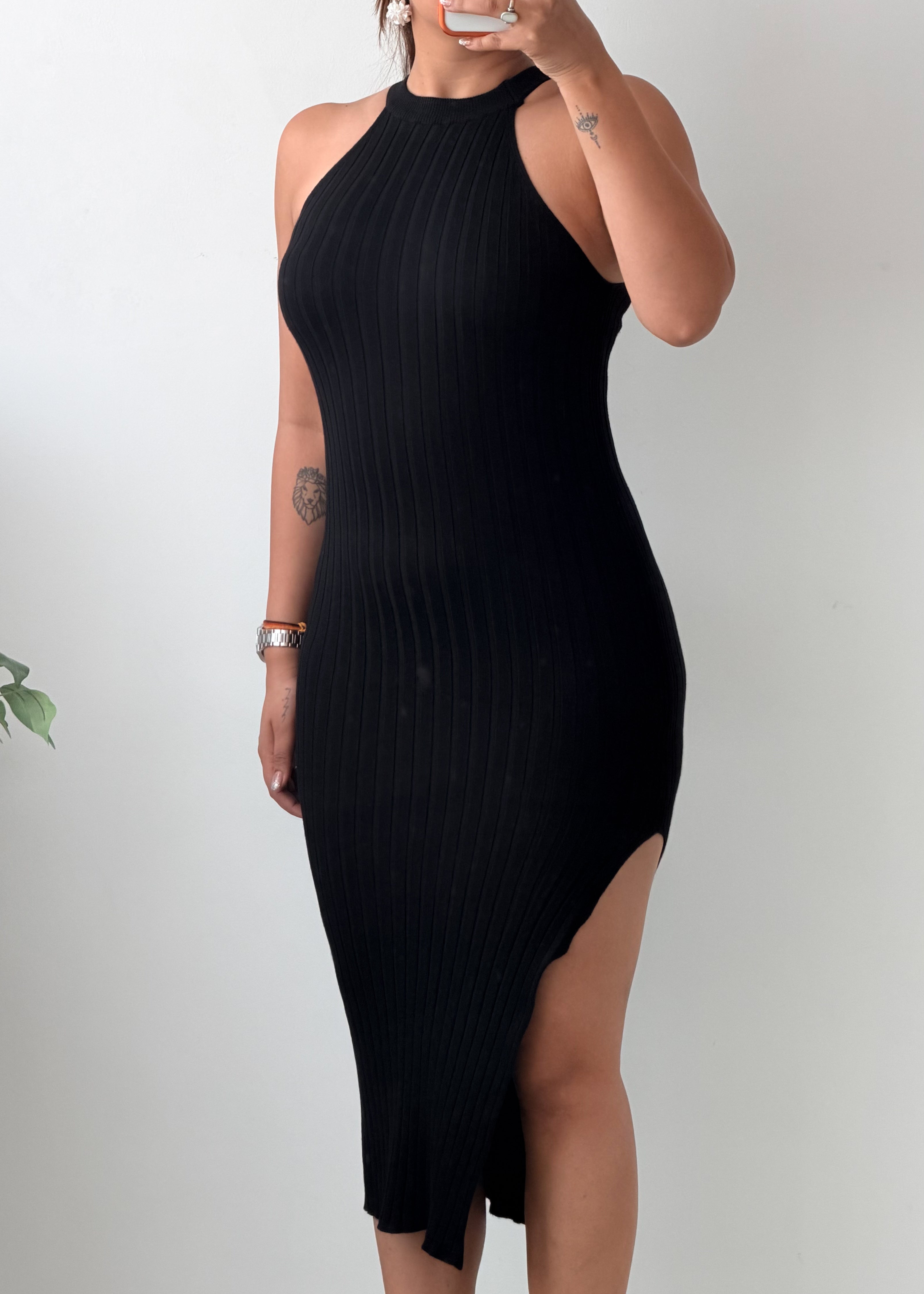 Size XS-S Black Halter Neck Ribbed Bodycon Midi Dress