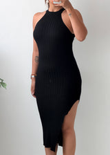 Size XS-S Black Halter Neck Ribbed Bodycon Midi Dress