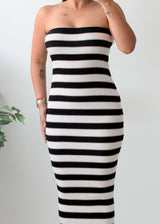 Size S-M Black White Striped Strapless Bodycon Midi Dress