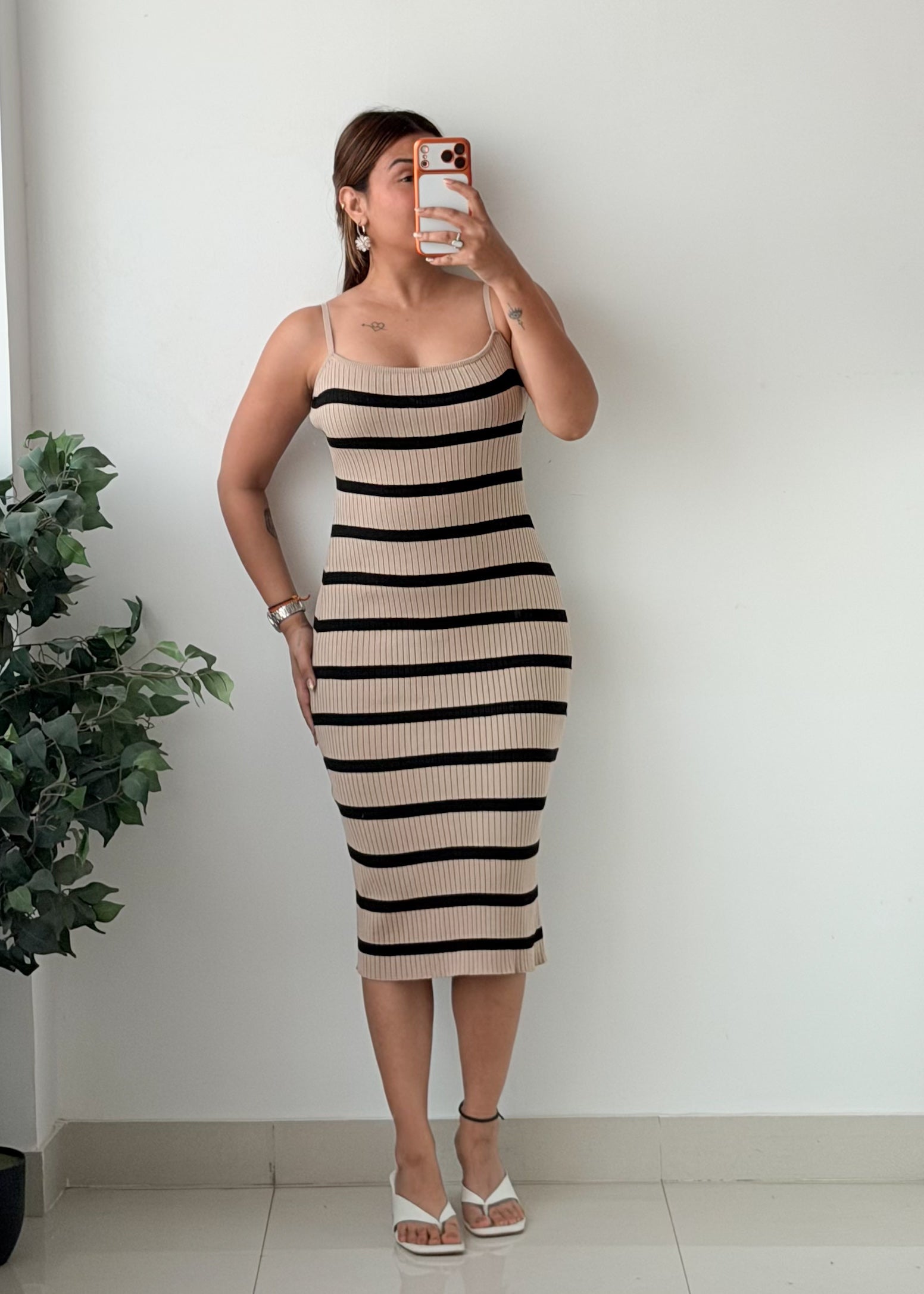 Size S-M Beige Black Striped Spaghetti Strap Midi Dress