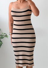 Size S-M Beige Black Striped Spaghetti Strap Midi Dress
