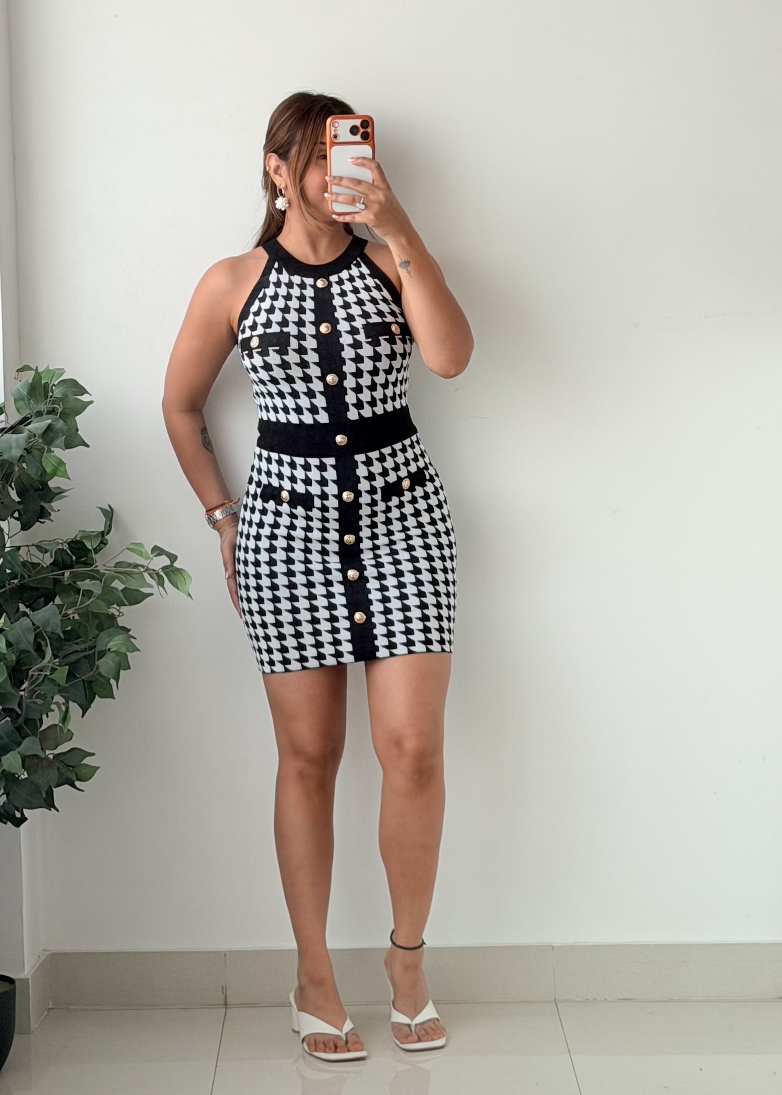 Size XS-S Black White Geometric Printed Button Front Mini Dress