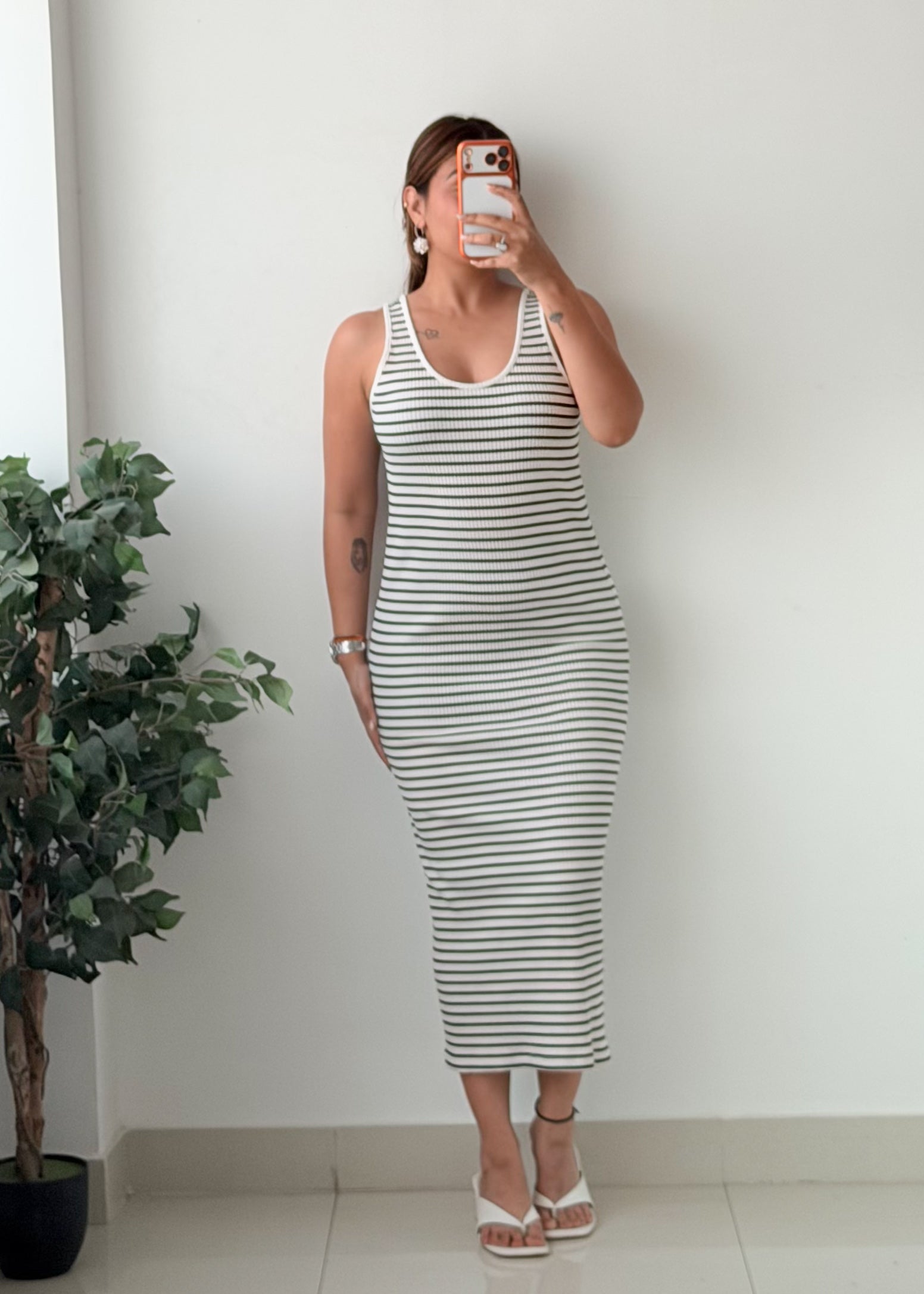 Size M-L White Green Striped Sleeveless Bodycon Maxi Dress