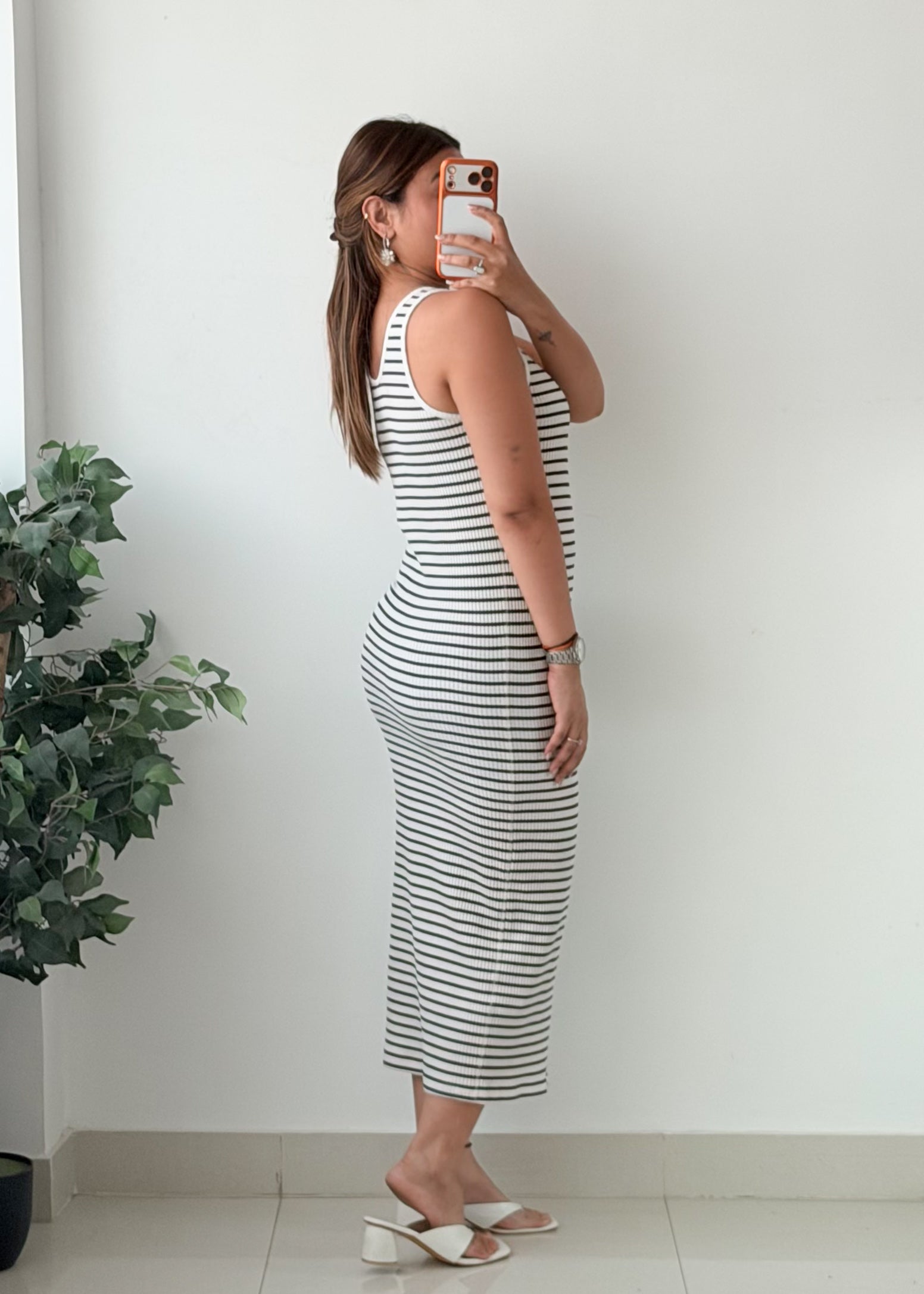 Size M-L White Green Striped Sleeveless Bodycon Maxi Dress
