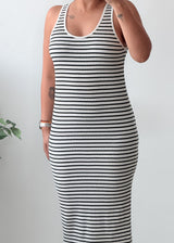 Size M-L White Green Striped Sleeveless Bodycon Maxi Dress