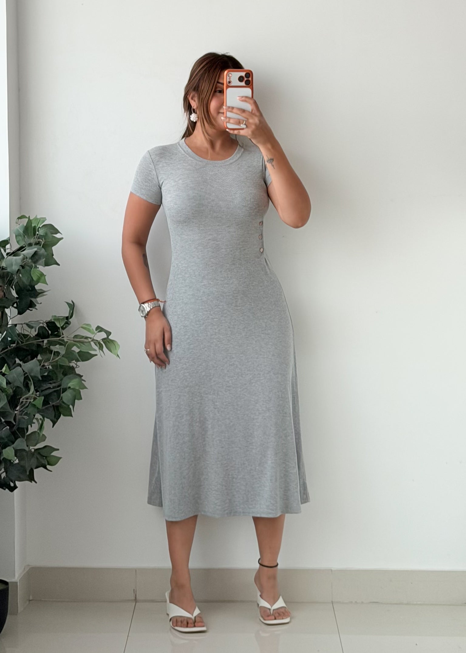 Size XS-S Grey Short Sleeve Flared Midi Dress