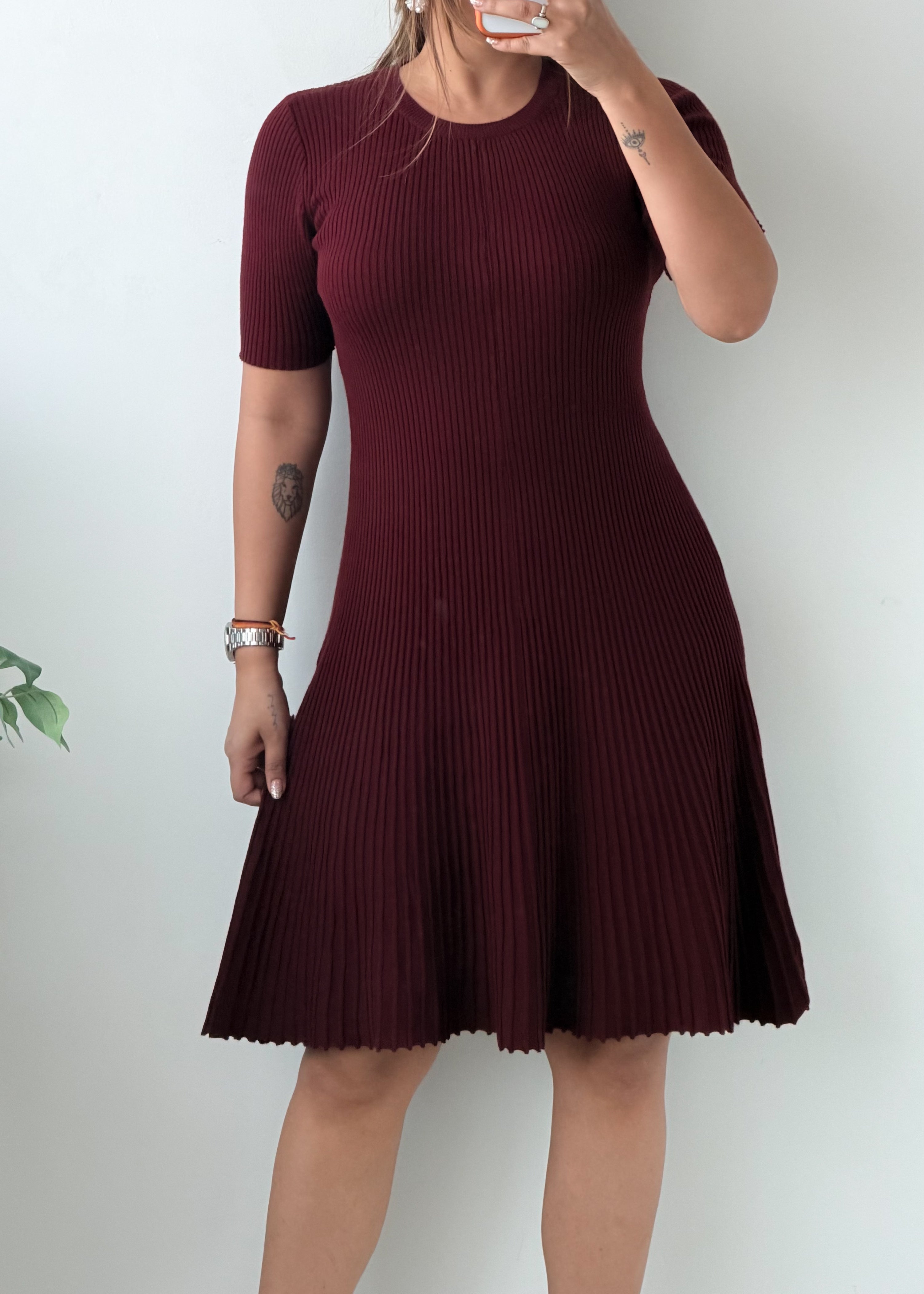 Size M-XL Burgundy Ribbed Fit And Flare Dress