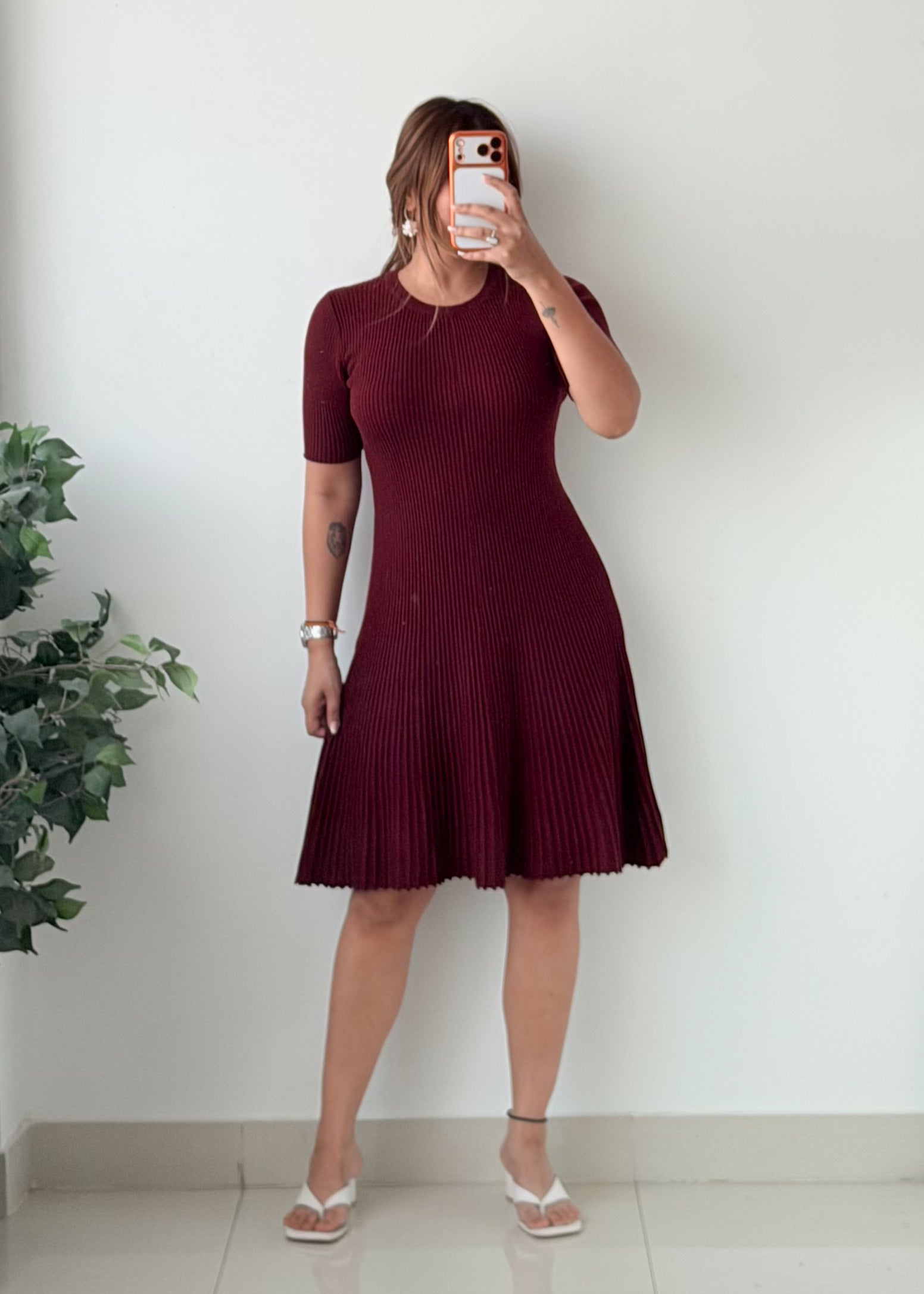 Size M-XL Burgundy Ribbed Fit And Flare Dress