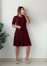Size M-XL Burgundy Ribbed Fit And Flare Dress