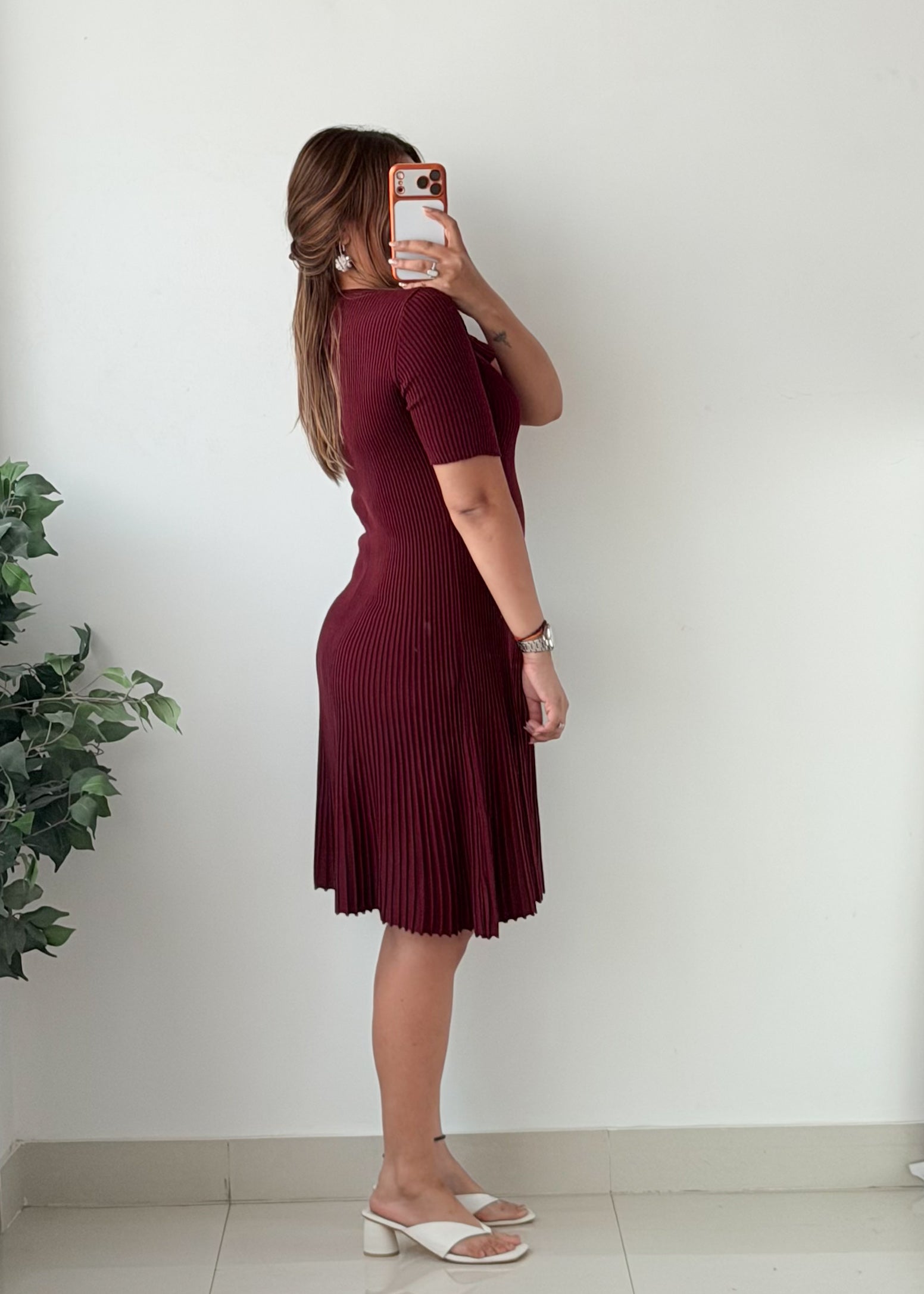 Size M-XL Burgundy Ribbed Fit And Flare Dress